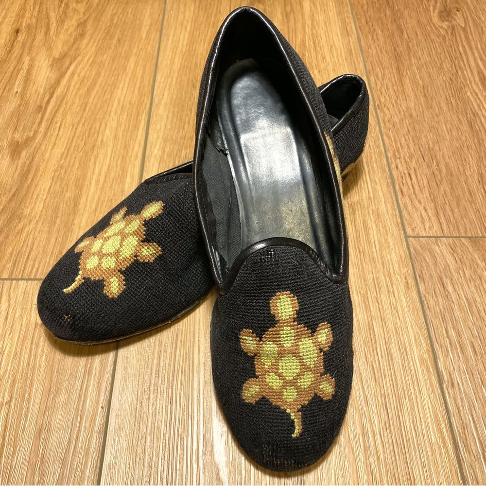 Tapestry Turtles Stubbs & Wootton Flats Loafer Slipper Shoe sz 8 Needlepoint Blk